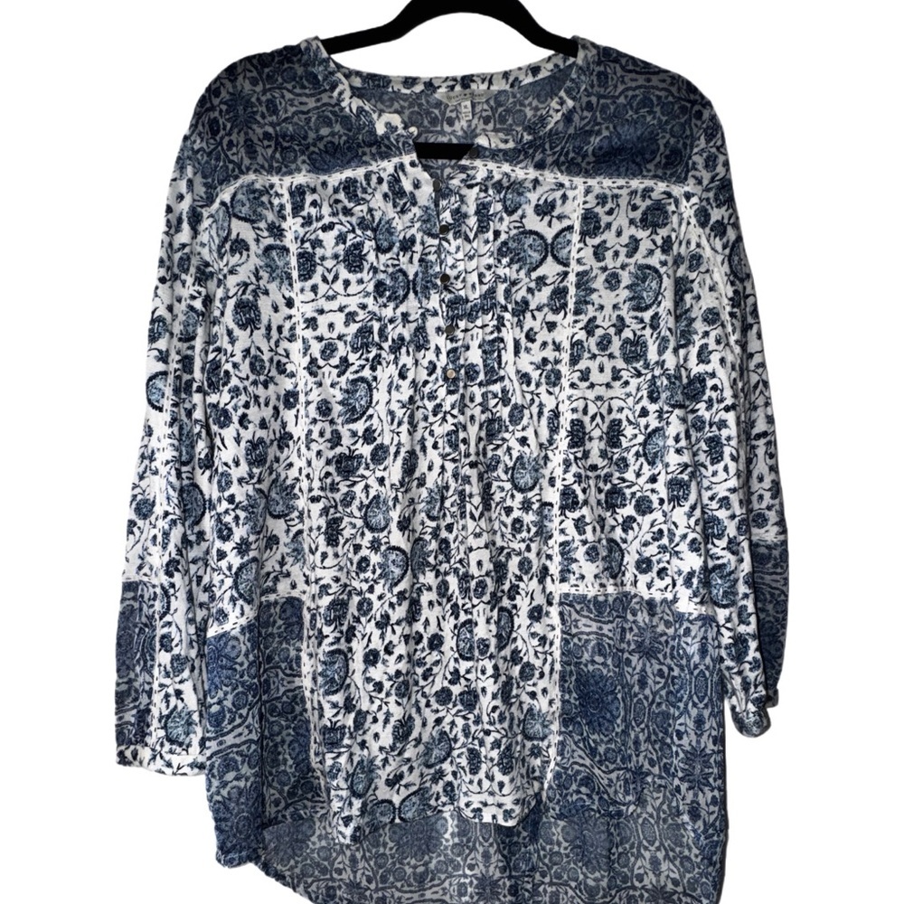Lucky Brand Blue and White Floral Women's Top With Split Back Detail XL